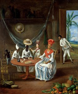 Una donna mulatta con la sua figlia bianca visitata da donne nere nella loro casa in Martinica, 1775