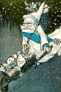 Il Natale per i grandi - Il presidente francese Emile Loubet vestito da Babbo Natale con una carriola di regali per gli adulti. 1905.