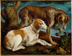 Deux chiens de chasse lies a une souche - Due cani da caccia legati a un ceppo d