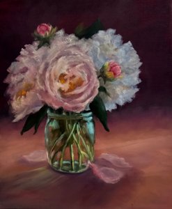 Peonie in vaso verde, 2024 (olio su tela)