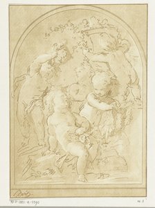 Cinque putti con fiori e ghirlande presso un vaso da Leendert Brasser
