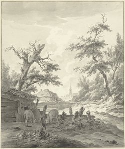 Paesaggio con porcile in primo piano da Leendert Overbeek