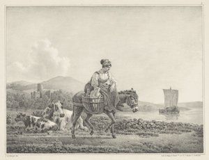 Donna su un asino in un paesaggio (serie di sei disegni a pietra di L. de Koningh)