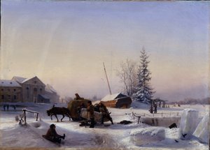 Trasporto del ghiaccio, vista invernale del vecchio villaggio del vino sull