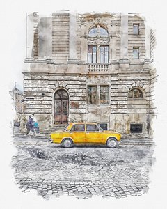 Via delle auto gialle classiche da Lembayung senja studio [Vintage Poster]