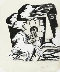 Cavallo impennato, fiore e testa (schizzo)