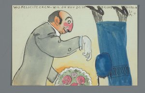 Postkarte mit einer Zeichnung des Unterkörpers von An Overtoom und Oberkörpers von Leo Gestel mit Blumenstrauß da Leo Gestel