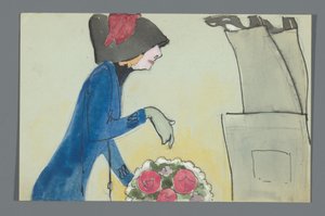 Postkarte mit einer Zeichnung des Unterkörpers von Leo Gestel und Oberkörpers von An Overtoom mit Blumenstrauß da Leo Gestel