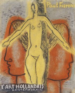 Donna nuda tra due teste di uomini che guardano in direzioni opposte (1933) di Leo Gestel. da Leo Gestel