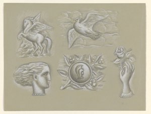 Pegaso, colomba, testa di donna, arma e mano con rosa