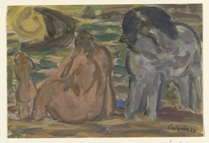 Due figure nude e un cavallo al mare