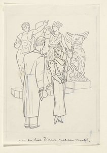 Donna e uomo davanti a tre statue da Leo Gestel