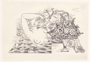 Nudo femminile nelle onde che libera un uccello, in primo piano un cesto di fiori