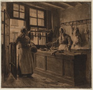 Interno di una macelleria, 1881 ca. (carboncino e gesso nero lumeggiato con gesso bianco) da Leon Augustin Lhermitte