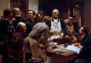 Il corso di dissezione del dottor Claude Bernard (1813-1878) (con il grembiule) in presenza dei suoi allievi Paul Bert (1833-1886) e Arsène d