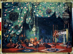Scenografia per il balletto "Sheherazade" di Nikolai Rimsky-Korsakov (1844-1908) dai racconti delle mille e una notte. Disegno di Leon Bakst (1866-1924) da Leon Bakst
