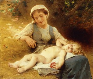 Una madre con il suo bambino addormentato