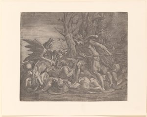 Giovane uomo con pelle di leone sulla testa, forse Cadmo, combatte un drago da Leon Davent
