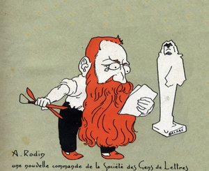 Cartone animato di Auguste Rodin con una nuova commissione dalla Societe des gens de lettres (Scultura di Balzac) - Illustrazione di Leon Lebegue - Incisione in "Le sun-du-dimanche"