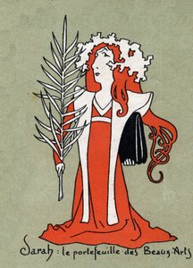 Cartone animato di Henriette Rosine Bernard detta Sarah Bernhardt come portfolio di Belle Arti - Illustrazione di Leon Lebegue - Incisione in "Le sun-du-dimanche"
