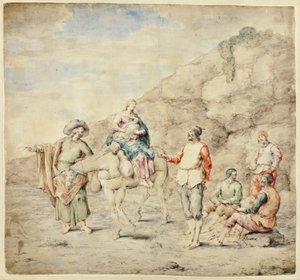 Sacra Famiglia che passa davanti a quattro uomini