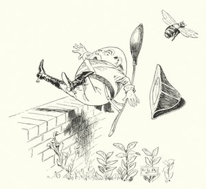 Humpty Dumpty seduto su un muro (incisione)