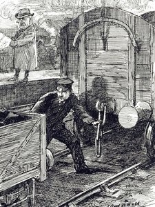 Una vignetta che commenta gli incidenti dei lavoratori ferroviari. Illustrato da Leonard Raven-Hill, artista, illustratore e vignettista inglese, XX secolo da Leonard Raven Hill