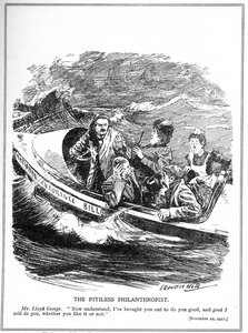 Lloyd George, raffigurato come un marinaio di scialuppa di salvataggio, affronta l