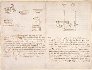 Arundel 263, f.259v, f.260 Note e schizzi grezzi sul processo di produzione del salnitro per preparare la polvere da sparo (non di mano di Leonardo) da Leonardo da Vinci