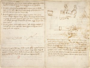 Cinque metodi per preparare diversi tipi di colla e il processo di ricottura del ferro, accompagnati da schizzi grezzi (non di mano di Leonardo) dal 
