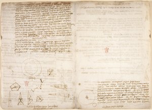 Arundel 263, f.266v, f.267 Note sulla cosmologia (capovolte); diagrammi che illustrano le osservazioni di Leonardo sul centro di gravità, dal 