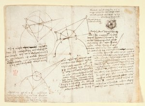 Il verso di una singola grande foglia, precedentemente rilegata lungo il bordo destro e piegata nel taccuino. Note e diagrammi sull
