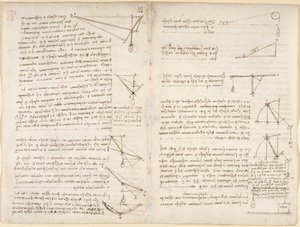 Arundel 263, f.7v, f.8 Note e diagrammi sulla meccanica da Leonardo da Vinci