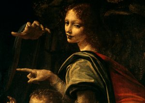 Dettaglio della Vergine delle Rocce, San Giovanni Battista che indica con il dito e la mano della Vergine Maria da Leonardo da Vinci