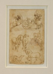 Due cavalieri che combattono contro un drago; un cavaliere e due cavalli; un cane e un cavallo ... da Leonardo da Vinci