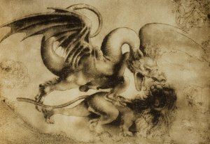 Drago che uccide un leone, disegno di Leonardo da Vinci. Gabinetto dei Disegni e Stampe, Galleria degli Uffizi, Firenze