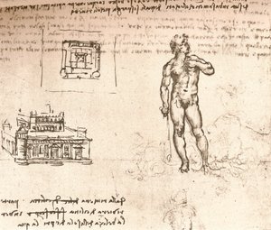 Disegno di piani per un castello e di una figura nuda, lavato con inchiostro indiano, c. 1472-c. 1519 da Leonardo da Vinci
