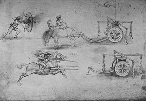 Disegni di carri armati di flagelli, di un arciere con scudo da Leonardo da Vinci