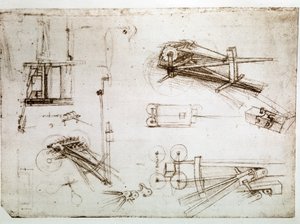 Estratto da un manoscritto di Da Vinci che descrive la costruzione del "Carro per un cannone" (manoscritto) da Leonardo da Vinci