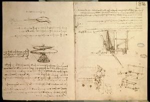 Macchine volanti, uno dei primi disegni di una macchina volante simile a un elicottero, c. 1487 da Leonardo da Vinci