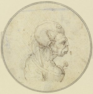 Caricatura di una donna anziana, ritratto a mezzo busto con una rosa sul petto, di profilo verso destra da Leonardo da Vinci