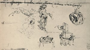 Foglio di studi con una giovane donna, un lupo, ecc., c1480 1945 da Leonardo da Vinci