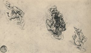 Tre studi di un uomo che pugnala un nemico caduto da Leonardo da Vinci
