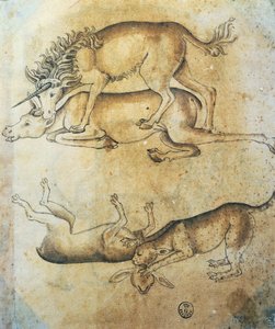 Unicorno che attacca una mucca e leopardo che attacca una pecora, studio di animali, di Leonardo da Vinci, disegno da Leonardo da Vinci
