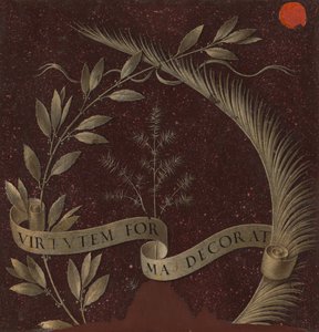 Corona di alloro, palma e ginepro con una pergamena iscritta Virtutem Forma Decorat [retro], c. 147 da Leonardo da Vinci