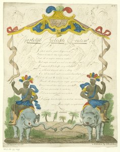 Lettera di auguri con uomini neri su elefanti da Leonardus Schweickhardt