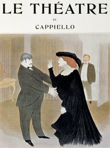 Gli attori Lucien Guitry e Jane Harding in una scena da La Chatelaine, eseguita al Teatro della Renaissance a Parigi da Leonetto Cappiello