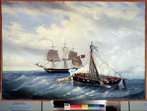 La battaglia navale tra la piccola nave russa Opyt e la fregata britannica da Leonid Demyanovich Blinov