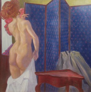 Nudo femminile vicino a uno schermo