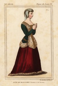 Anne Rogier de Beaufort, Viscontessa di Turenne 1435-1479. Litografia colorata a mano dopo una vetrata nella chiesa dei Cordelieres di Nantes nel portafoglio VI 11 di Roger de Gaignieres dal Costumes Historique de la France di Le Bibliophile Jacob alias Pa da Leopold Massard
